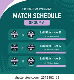  Soccer game schedule. Sports banner. Vector illustration. Table of soccer tournament with team names, date and stadium name.