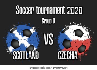 Soccer game Scotland vs Czechia. Football tournament match 2020. Postponed to 2021. Grunge texture. Design pattern. Vector illustration