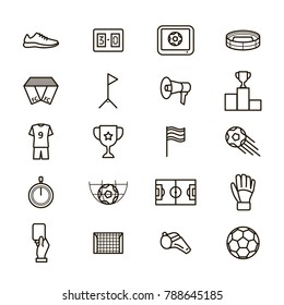 Soccer Game Signs Black Thin Line Icons Set Include of Ball, Flag, Cup, Whistle and Stopwatch. Vector illustration of Football Icon