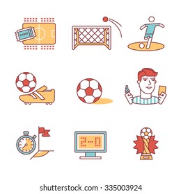 Soccer game signs set. Thin line art icons. Flat style illustrations isolated on white.