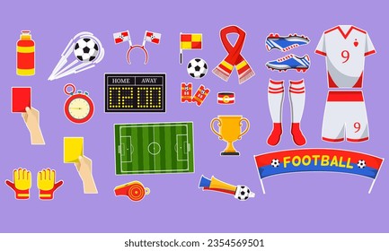 Soccer game sport championship fan sticker set. Football field, team t-shirt, scarf, whistle, ball, goal, tournament cup, trumpet, hat. Competition match attributes flat vector illustration