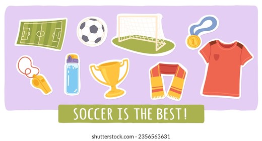 Juego de stickers de la competición deportiva de fútbol. El fútbol es el mejor texto, campo de fútbol, camiseta de equipo, bufanda, silbato, pelota, gol, copa del torneo. Ilustración vectorial plana de coincidencias de competencia