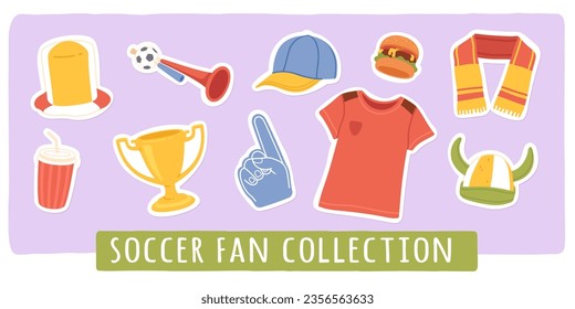 Juego de stickers de la competición deportiva de fútbol. Trompeta de fútbol, camiseta de equipo, bufanda, copa de torneo, mano de espuma, colección de sombrero. Ilustración vectorial plana de coincidencias de competencia