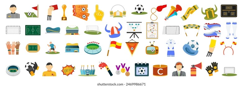 Soccer game sport championship fan set. Football field, team t-shirt, scarf, whistle, ball, goal, tournament cup, foam hand, trumpet, hat. Competition match attributes flat vector illustration