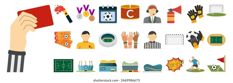 Soccer game sport championship fan set. Football field, team t-shirt, scarf, whistle, ball, goal, tournament cup, foam hand, trumpet, hat. Competition match attributes flat vector illustration