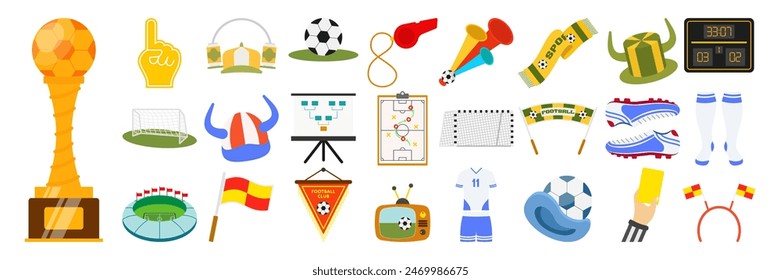 Soccer game sport championship fan set. Football field, team t-shirt, scarf, whistle, ball, goal, tournament cup, foam hand, trumpet, hat. Competition match attributes flat vector illustration