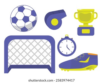 Soccer game sport championship icon set. Competition match attributes flat vector illustration. ball, whistle, cup, stopwatch, running shoes, goal