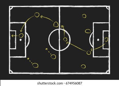 Soccer Game Strategy. Chalk Hand Drawing With Football Tactical Plan On Blackboard . Vector Illustration.
