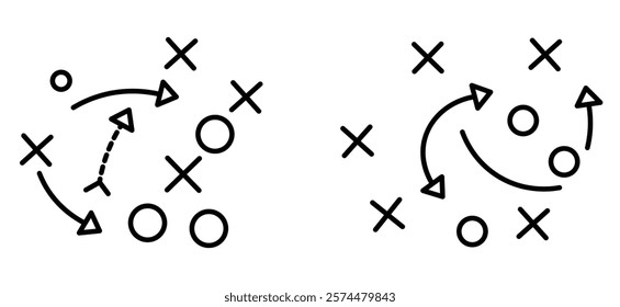 Soccer game strategy. Tactic plan outline icons vector illustration.