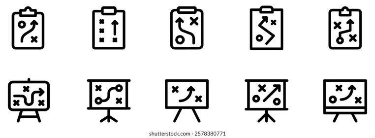 Soccer game strategy and tactic plan outline icons vector illustration set isolated on white background. Vector Illustration. EPS 10