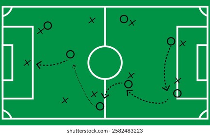 Soccer game strategy and tactic plan line, Soccer game strategy with arrows on green chalk board. Coach attack plan for play on field top view vector concept, Soccer Tactic Table. Vector Illustration.