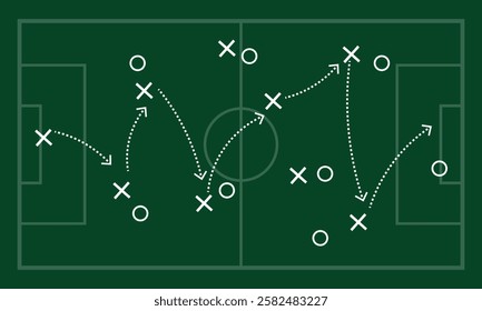 Soccer game strategy and tactic plan line, Soccer game strategy with arrows on green chalk board. Coach attack plan for play on field top view vector concept, Soccer Tactic Table. Vector Illustration.