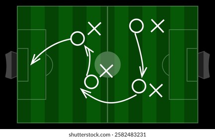 Soccer game strategy and tactic plan line, Soccer game strategy with arrows on green chalk board. Coach attack plan for play on field top view vector concept, Soccer Tactic Table. Vector Illustration.