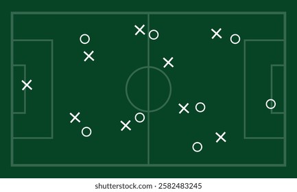 Soccer game strategy and tactic plan line, Soccer game strategy with arrows on green chalk board. Coach attack plan for play on field top view vector concept, Soccer Tactic Table. Vector Illustration.