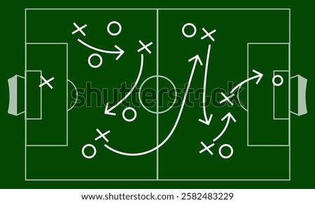 Soccer game strategy and tactic plan line, Soccer game strategy with arrows on green chalk board. Coach attack plan for play on field top view vector concept, Soccer Tactic Table. Vector Illustration.