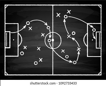 Soccer game tactical scheme. Football players frame and strategy arrows on chalk black board, plan of action formations. Vector chalk style cartoon illustration on black background