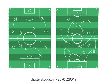 Soccer game tactical scheme with football players and strategy arrows on chalk black board