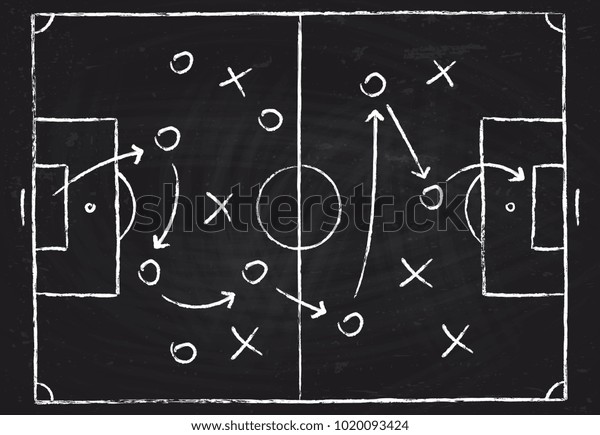 サッカー選手と戦略矢印を持つサッカーの戦術計画 黒いボードのベクターチョークグラフィック のベクター画像素材 ロイヤリティフリー