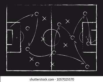 Soccer game tactical scheme. The scheme of the game. Strategy. Tactics. On the chalkboard. For your design. Vector chalk graphic on black board