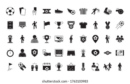 soccer game, trophy league recreational sports tournament silhouette style icons set vector illustration