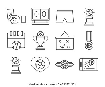 soccer game, trophy league recreational sports tournament line style icons set vector illustration