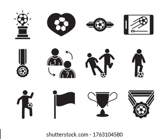 soccer game, trophy league recreational sports tournament silhouette style icons set vector illustration