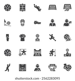 Soccer game vector icons set, modern solid symbol collection, filled style pictogram pack. Signs, logo illustration. Set includes icons as soccer tournament, ball, goal, goalkeeper, referee, penalty