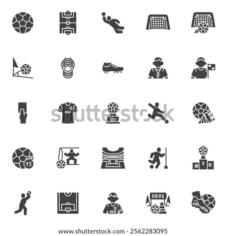 Soccer game vector icons set, modern solid symbol collection, filled style pictogram pack. Signs, logo illustration. Set includes icons as soccer tournament, ball, goal, goalkeeper, referee, penalty