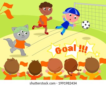Soccer game with very different players: boys, girls and even a real alien who is scoring goal. Cartoon vector illustration