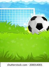 Soccer gate and ball  on grass against a blue background. Abstract soccer background