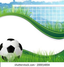 Soccer gate and ball  on grass against a blue background. Abstract soccer background