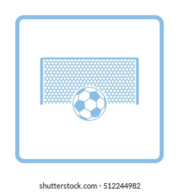 Soccer gate with ball on penalty point  icon. Blue frame design. Vector illustration.