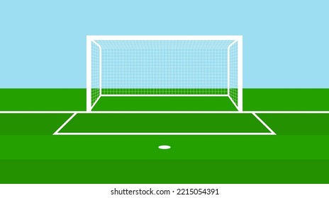 Puerta de fútbol. Campo de fútbol con gol. Estadio con poste de gol y red. Pitch con hierba verde, líneas blancas y penalización. Arena plana para el juego y el deporte. Vector.