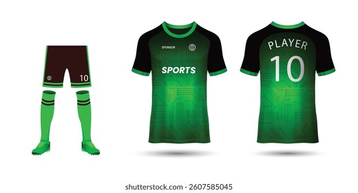 Soccer Gear Display: A meticulously designed presentation showcasing a soccer uniform, complete with jersey front and back views, shorts, and socks, emphasizing details and texture.