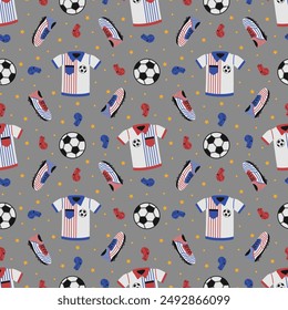 Soccer Gear and Equipment on Gray Seamless Pattern Design