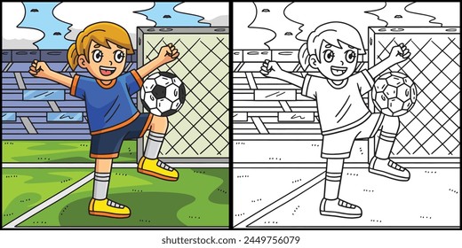 Soccer Girl Balancing Ball on Knee Illustration