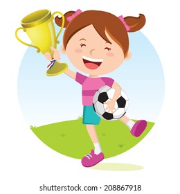 Soccer girl holding gold trophy. Girl holding trophy jumping for joy.