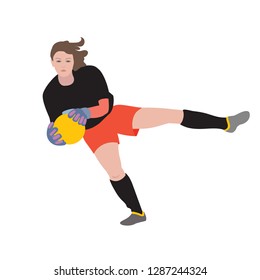 Soccer girl. Young woman playing soccer. Hand drawn vector illustration, flat color on white background.
