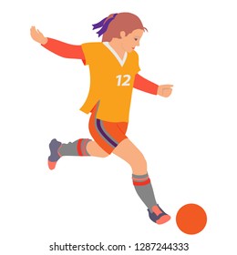Soccer girl. Young woman playing soccer. Hand drawn vector illustration, flat color on white background.
