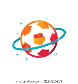 Plantilla de diseño del logotipo del vector del globo de fútbol. Ilustración del logotipo del planeta de fútbol.