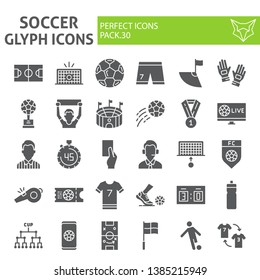 Juego de iconos de glifos de fútbol, colección de símbolos de fútbol, bocetos vectoriales, ilustraciones de logo, signos de juego sólidos paquete de pictogramas aislados en fondo blanco, eps 10.