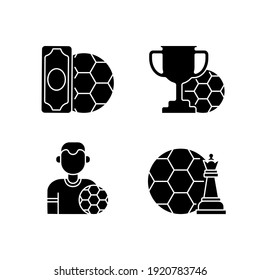 Soccer glyph icon set. Play football with team. Sport game gear. Kick to score goal. Vector isolated outline drawing.