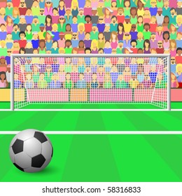 A Soccer Goal with ball and Crowd in Stadium