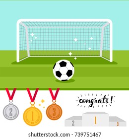 Soccer goal and ball on the green field and set of trophy award icons isolated on white background. Vector illustration