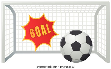 Soccer goal with ball sport vector illustration with cartoon text speech bubble balloon, football. Leather ball flies into net on goal after winning blow. Competition, soccer championship concept