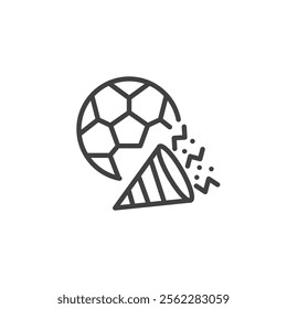 Soccer Goal Celebration line icon. linear style sign for mobile concept and web design. Soccer ball and popper outline vector icon. Symbol, logo illustration. Vector graphics