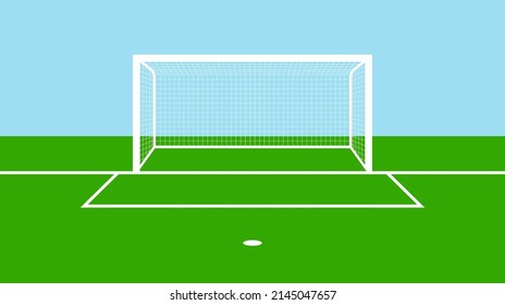 Soccer goal field. Football field, gate with goalpost and net. Soccer background for penalty. Football pitch with green grass and white lines. Flat stadium for game and sport. Vector.
