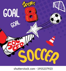 Soccer Goal  Football Kickoff  Legs And Soccer Ball Writing Playing Soccer Game, Pop Art Style Icon Joy, Kid, Ball, Kicking Sport Vector Illustration Purple Color Background.