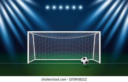 Soccer goal and football with spotlight background in stadium vector illustration