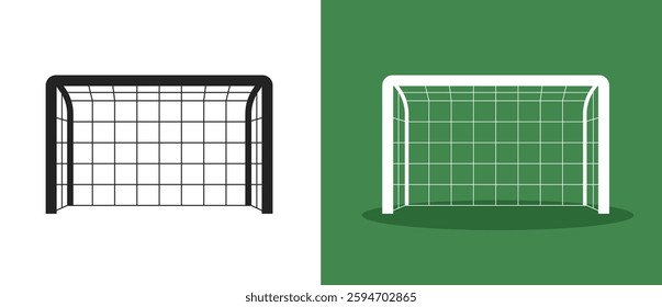 Soccer goal icon simple graphic sign symbol illustration set, black white football goalpost pictogram isolated on green background image clip art